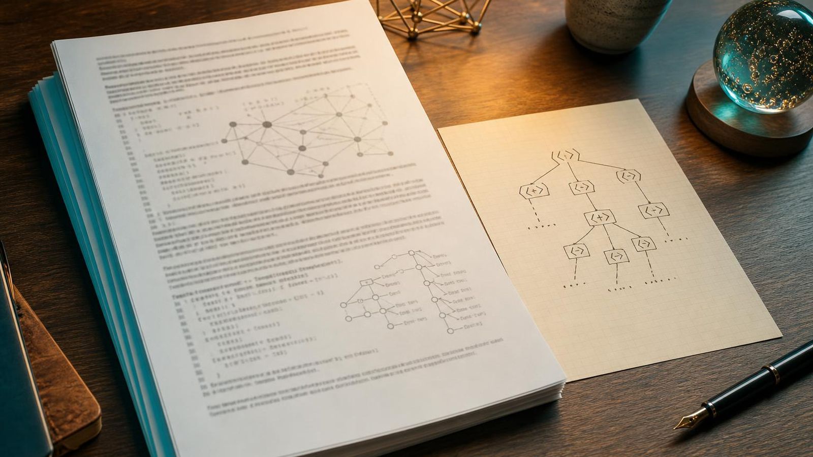 A printed paper with a small template recursion diagram next to it