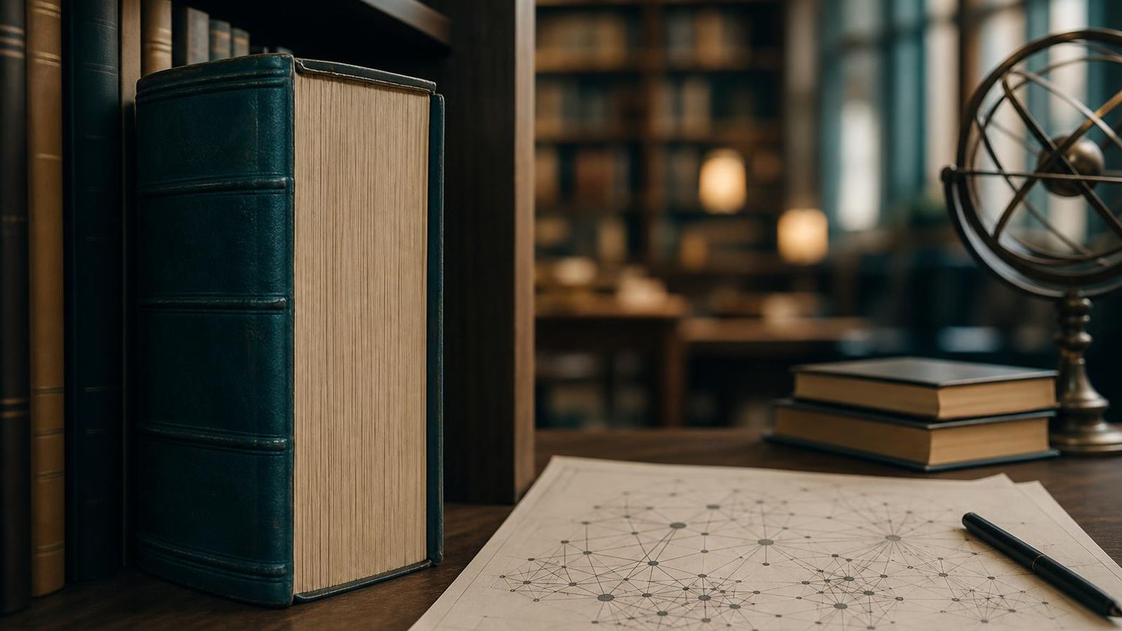 A thick thesis on a shelf next to a layout diagram